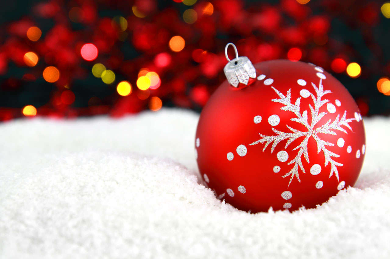 Red Christmas Ornament With Snow And Lights Background Image, Wallpaper ...